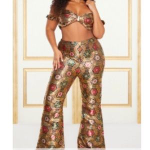 Plus Gold Jacquard High Waisted Flared Pants